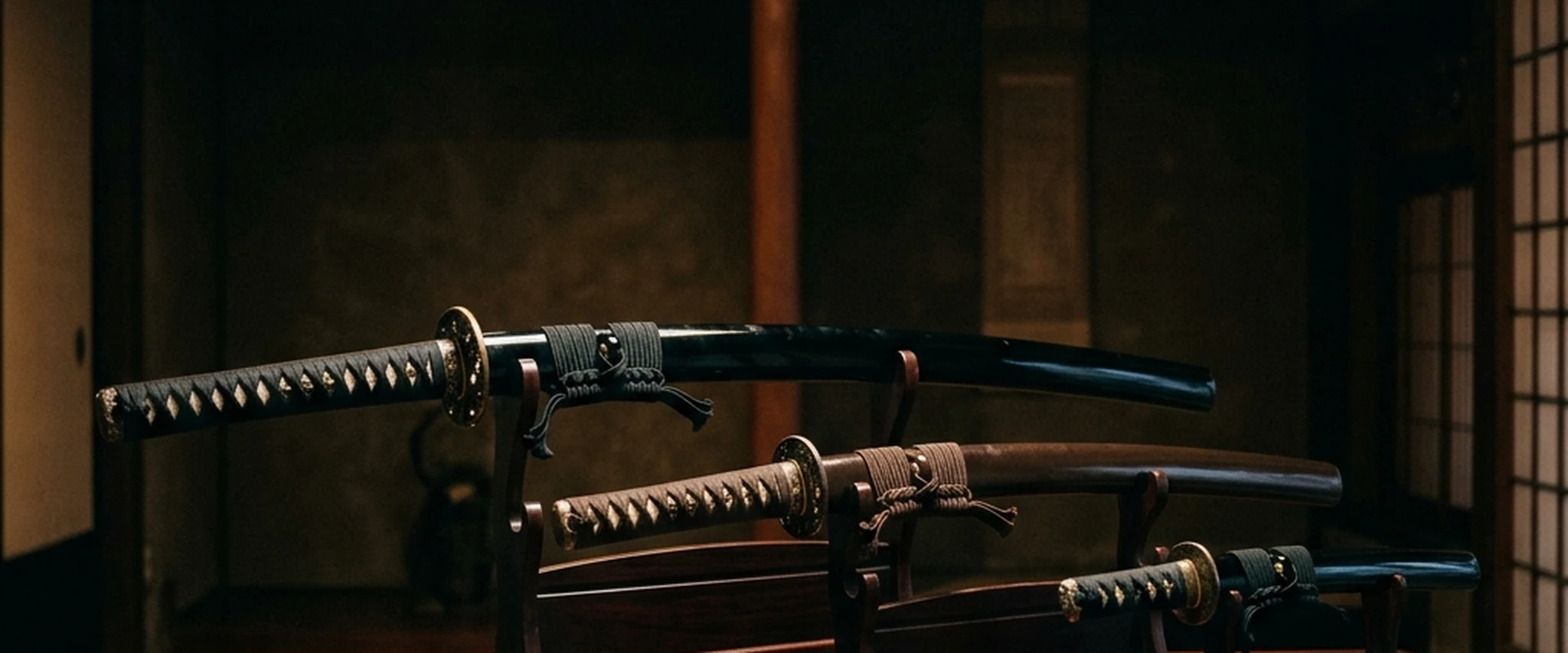 Three swords mounted in descending size on a wooden altar — Dragon Blade Forge catalog
